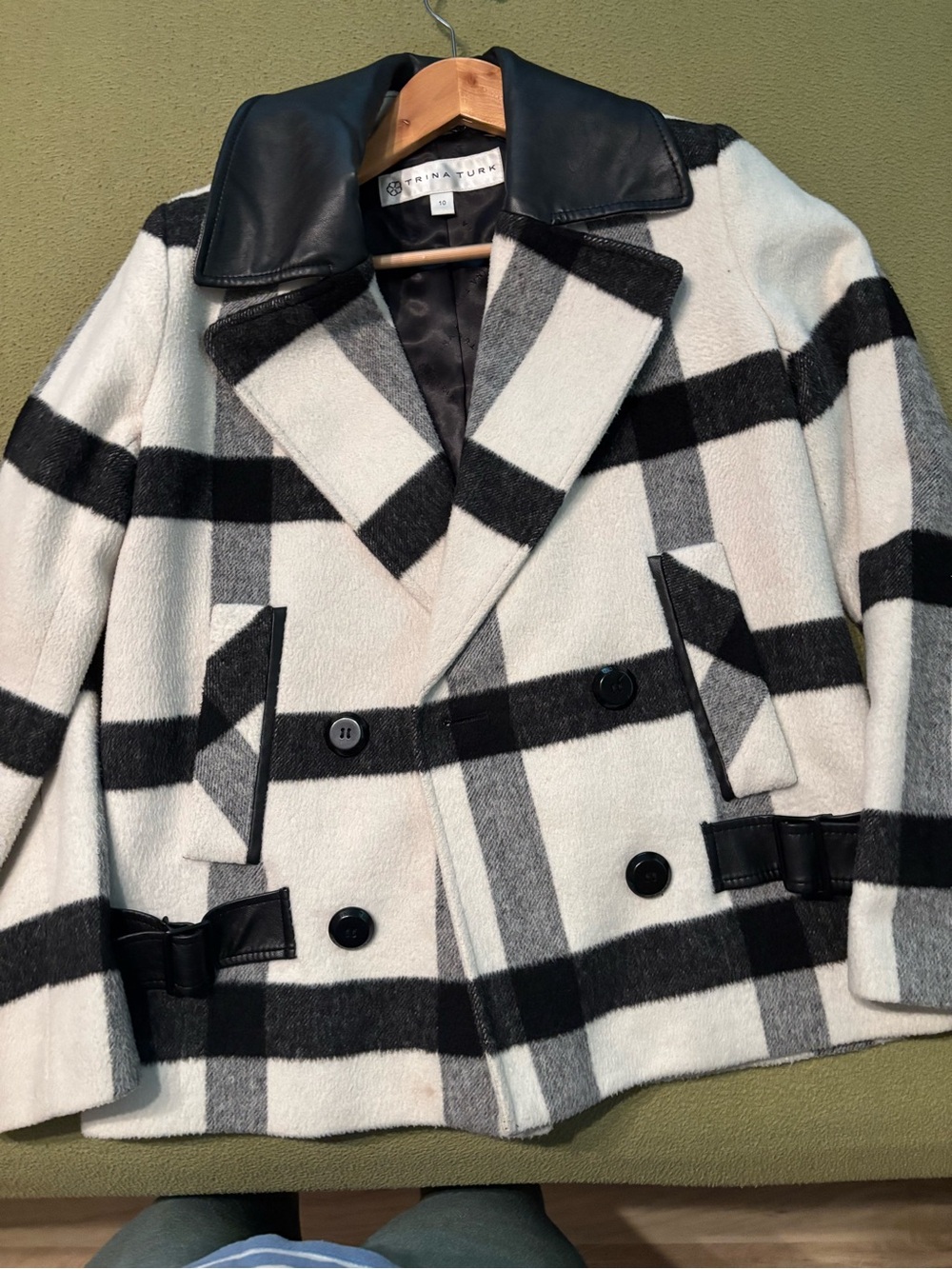 Trina Turk Black & White Plaid Pea Coat - Picture 2 of 2